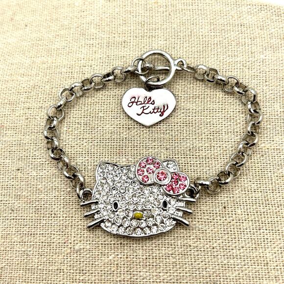Hello Kitty Rhinestone Toggle Bracelet Pink Bow Y2K Sanrio Kawaii - Picture 1 of 6